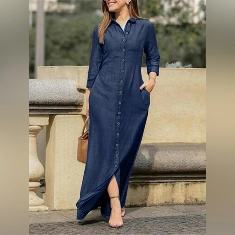 Full Size Button-Down Maxi Denim Dress Plus Size